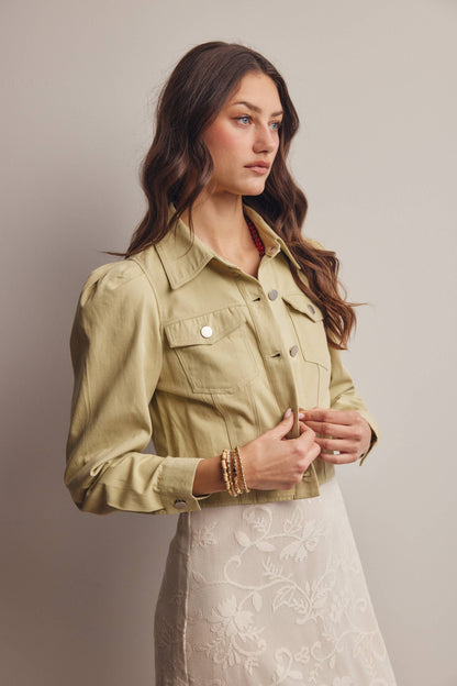 Lightweight Twill Puff-Sleeve Cropped Jacket