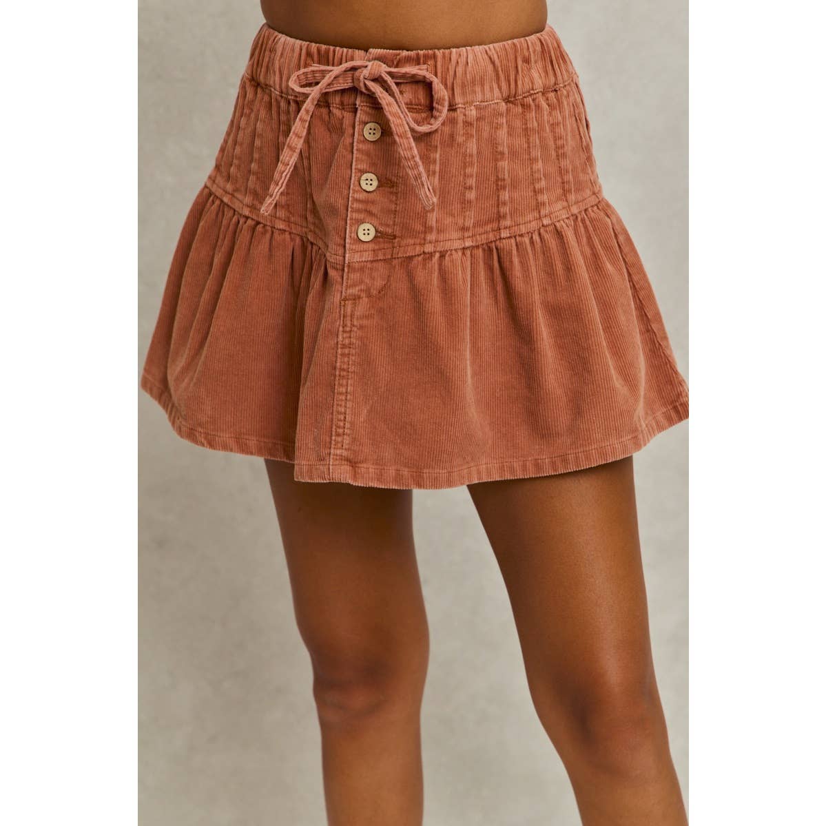 MINERAL WASH PINTUCKED CORDUROY MINI FLARED SKIRT