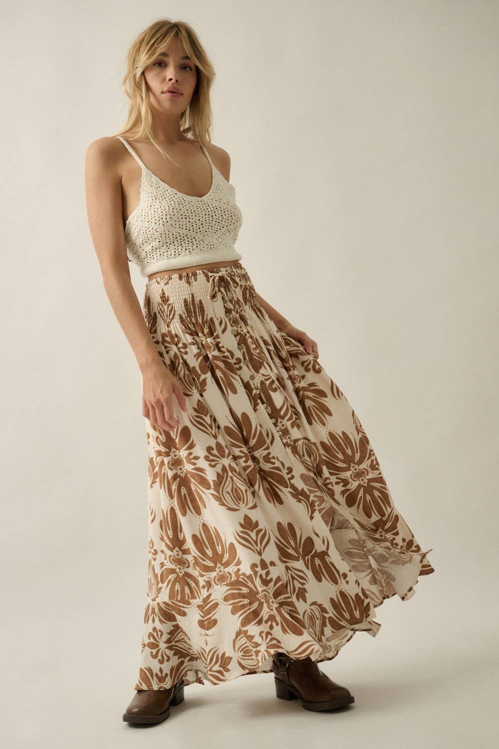 Ornate Floral-Print Button-Front Drawstring Maxi Skirt