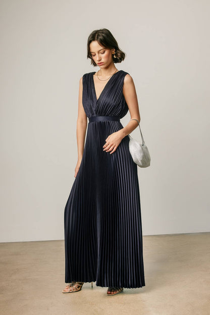 Pleated Satin V Neck Maxi Dress
