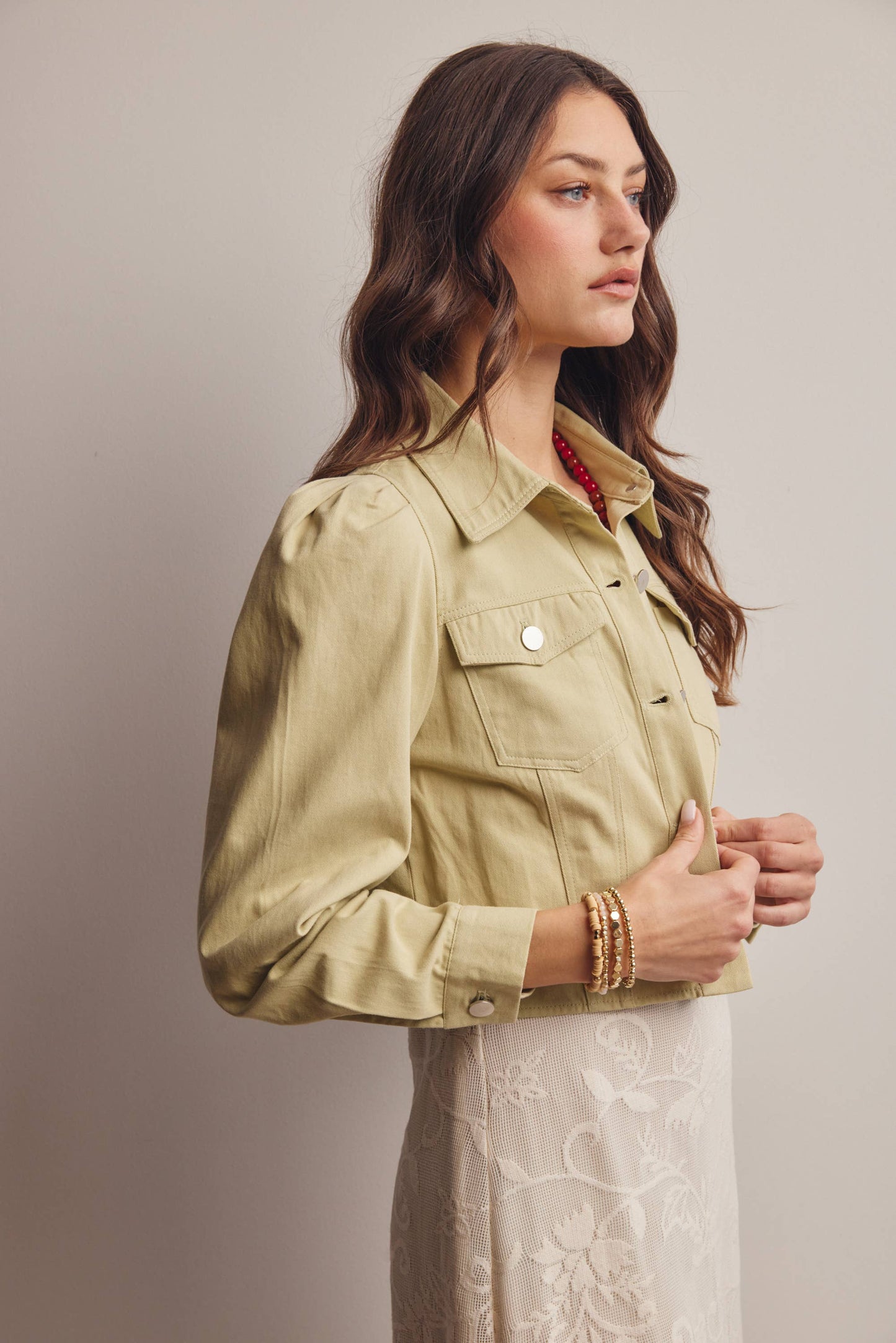 Lightweight Twill Puff-Sleeve Cropped Jacket