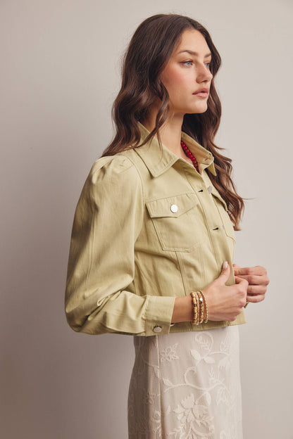 Lightweight Twill Puff-Sleeve Cropped Jacket