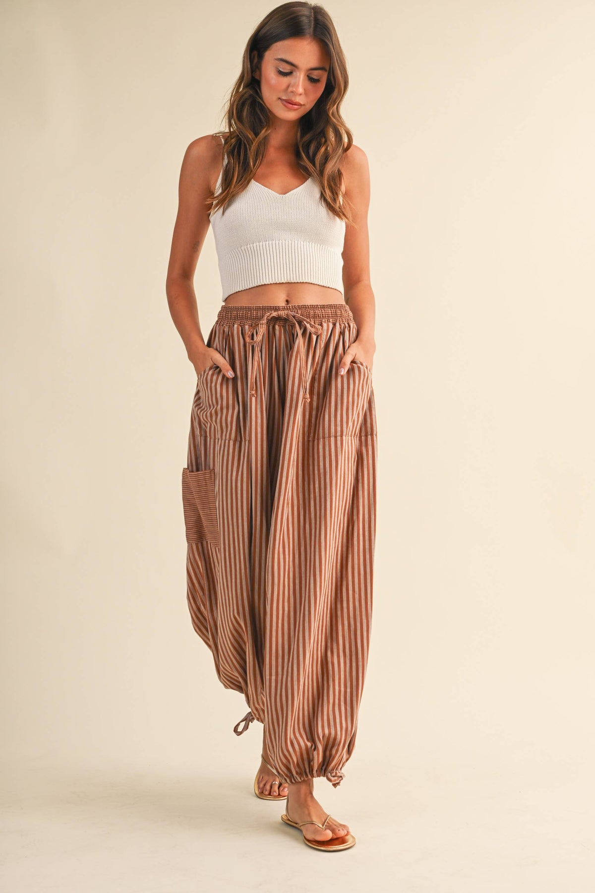 STRIPED DOUBLE GAUZE CONTRAST POCKET BALLOON PANTS