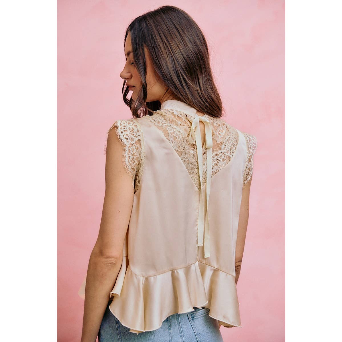 SATIN MOCK NECK LACE TRIM PEPLUM BLOUSE TOP