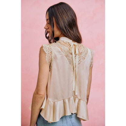 SATIN MOCK NECK LACE TRIM PEPLUM BLOUSE TOP