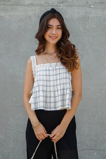 Plaid Lace Trim Side-Tie Crop Top