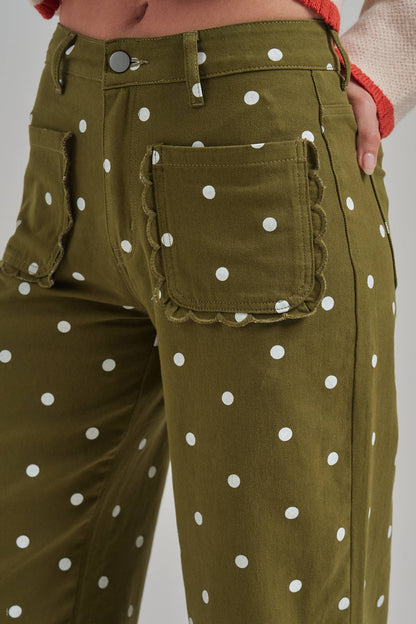 WIDE LEG POLKA DOT TWILL PANTS SCALLOP POCKET
