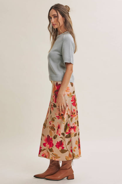 DRAPES SMOOTHLY SOFT FLORAL SATIN BIAS CUT MIDI SKIRT