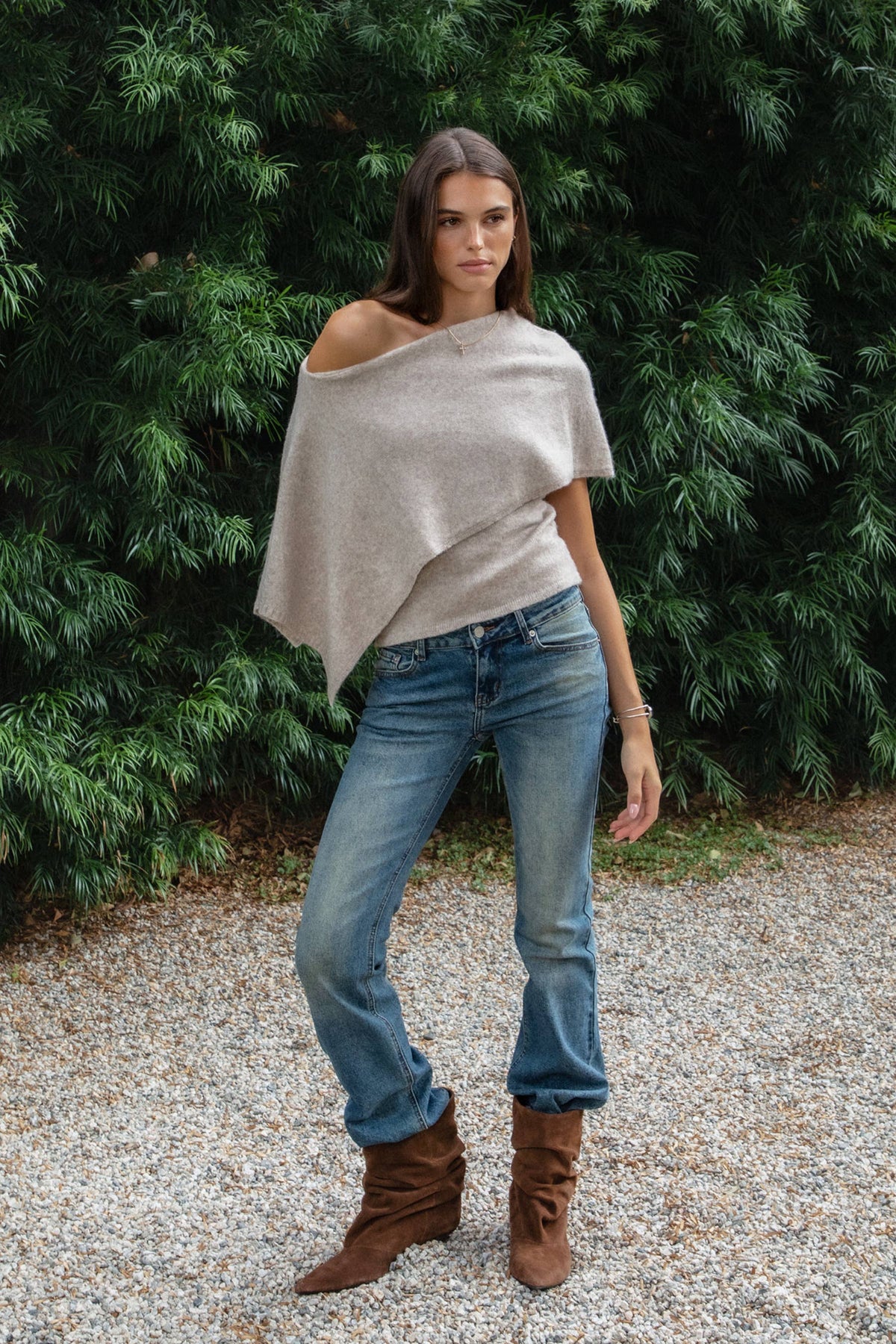 AINSLEY Off Shoulder Asymmetric Knit Poncho Sweater