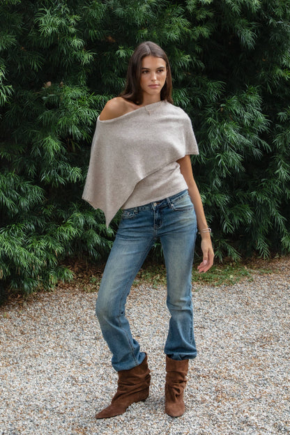 AINSLEY Off Shoulder Asymmetric Knit Poncho Sweater