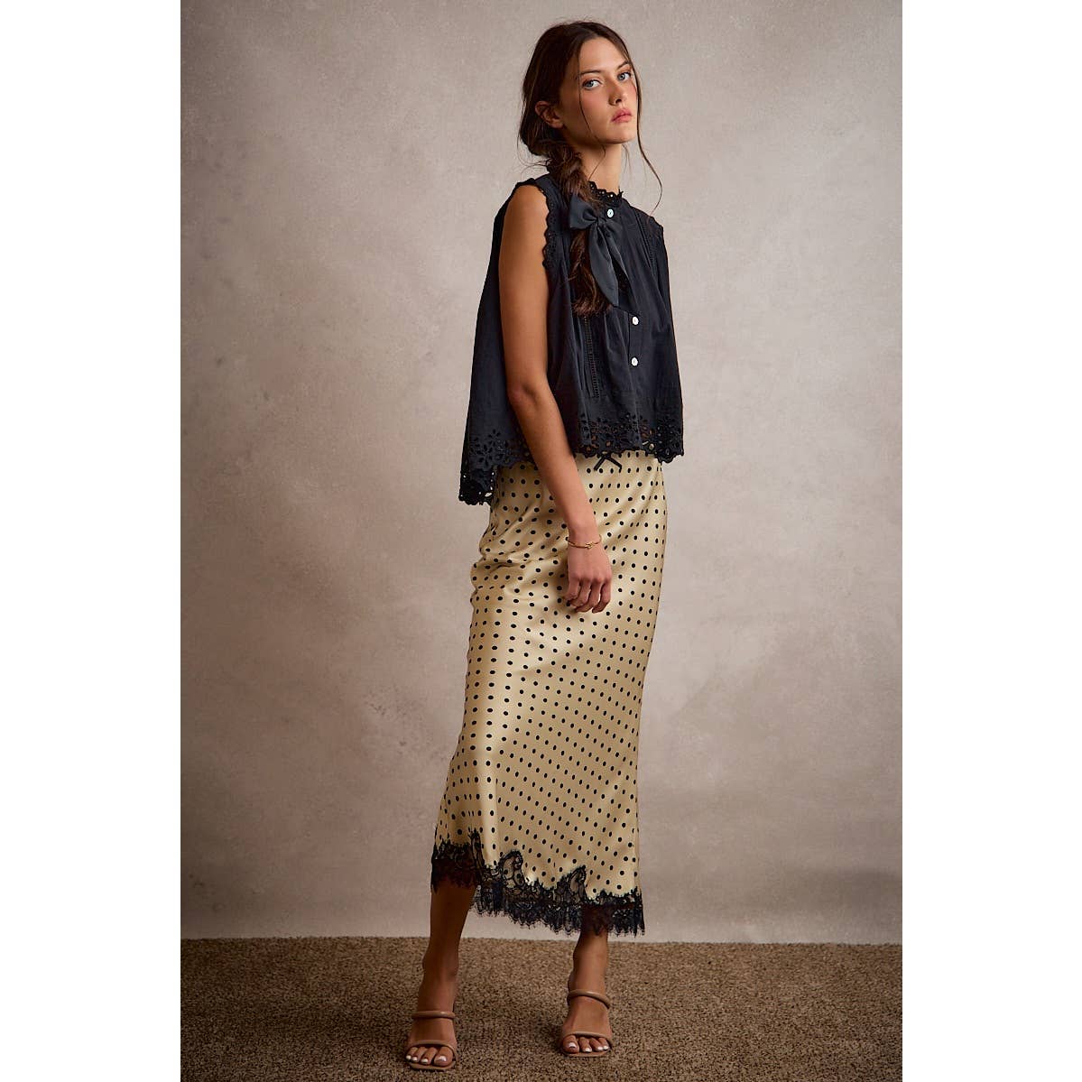 POLKA DOT SATIN LACE TRIM MAXI SKIRT