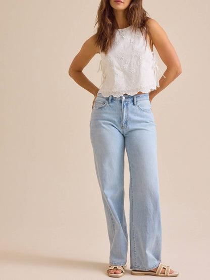 Embroidered eyelet side tie r-neck tank top