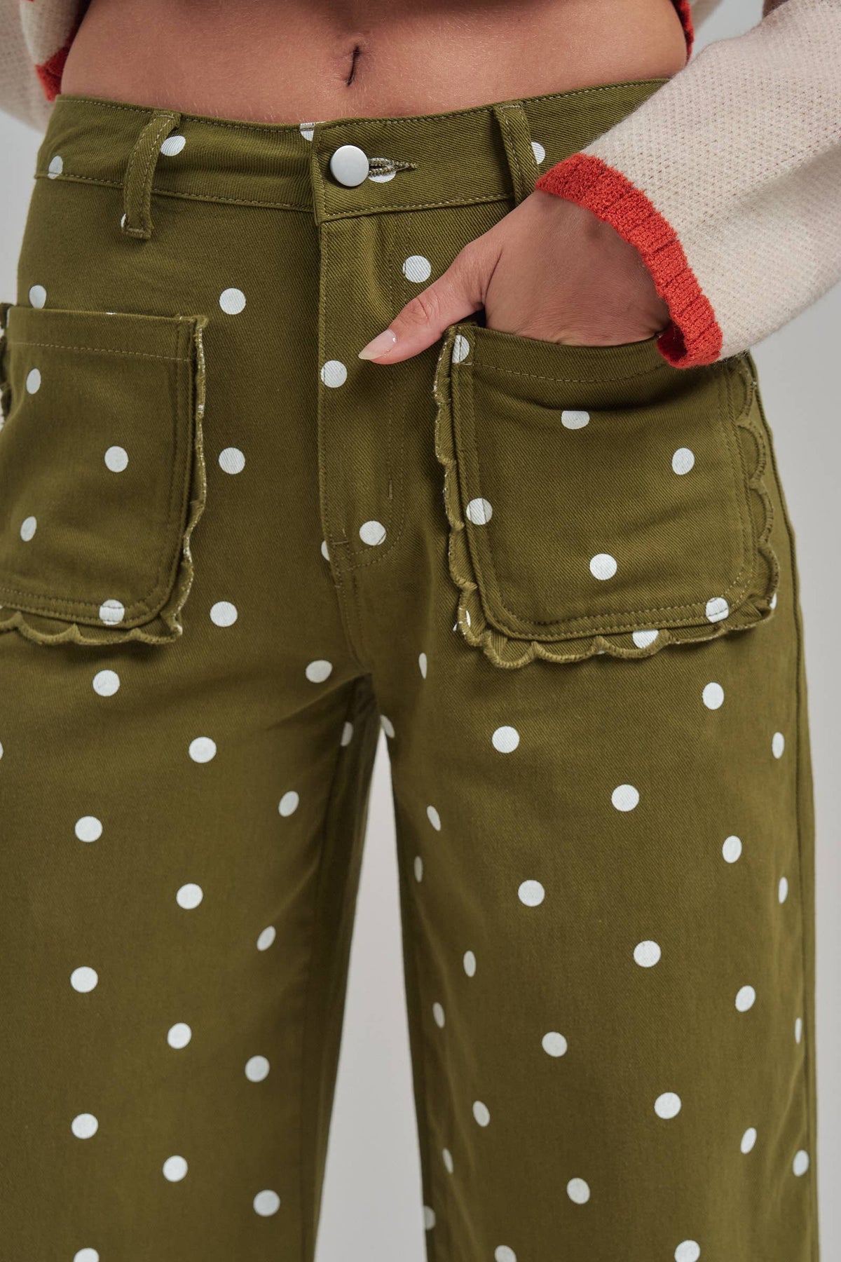 WIDE LEG POLKA DOT TWILL PANTS SCALLOP POCKET
