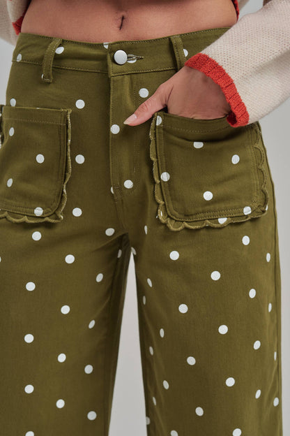WIDE LEG POLKA DOT TWILL PANTS SCALLOP POCKET