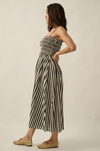 Striped Cotton-Blend Smocked Pocket Midi Dress