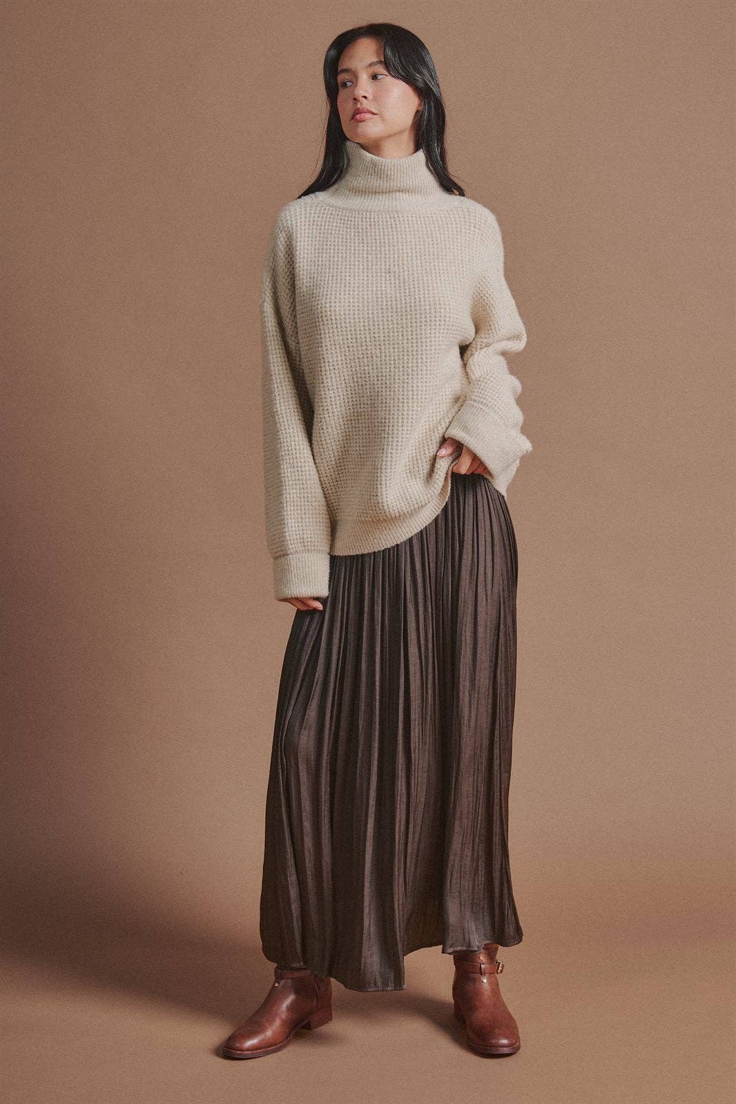Washed Satin Crinkle Pleated Maxi Skirt