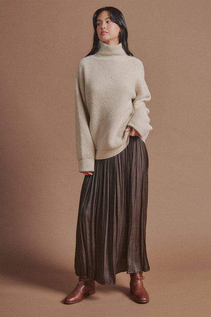 Washed Satin Crinkle Pleated Maxi Skirt