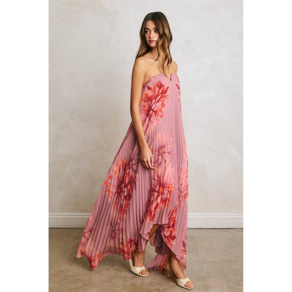 Floral Strapless Pleated Maxi Column Dress