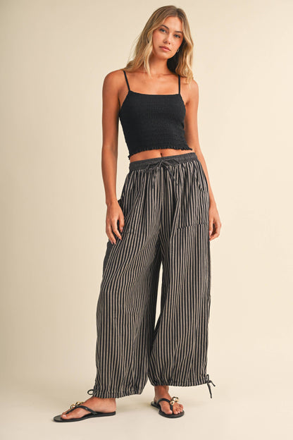 STRIPED DOUBLE GAUZE CONTRAST POCKET BALLOON PANTS