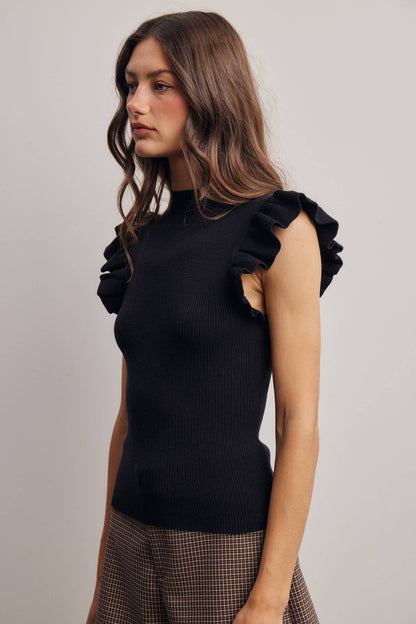 Ruffle Sleeve Rib Knit Top