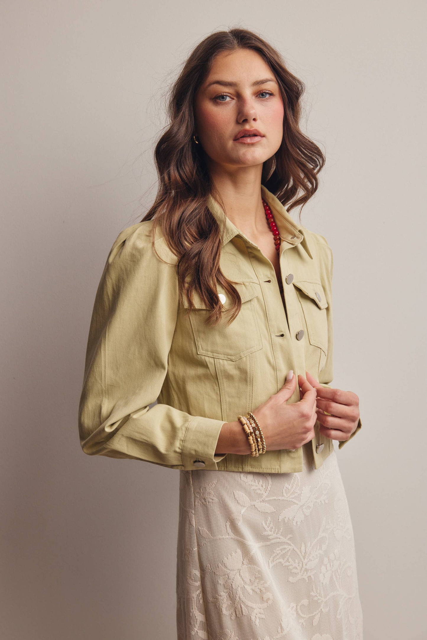 Lightweight Twill Puff-Sleeve Cropped Jacket