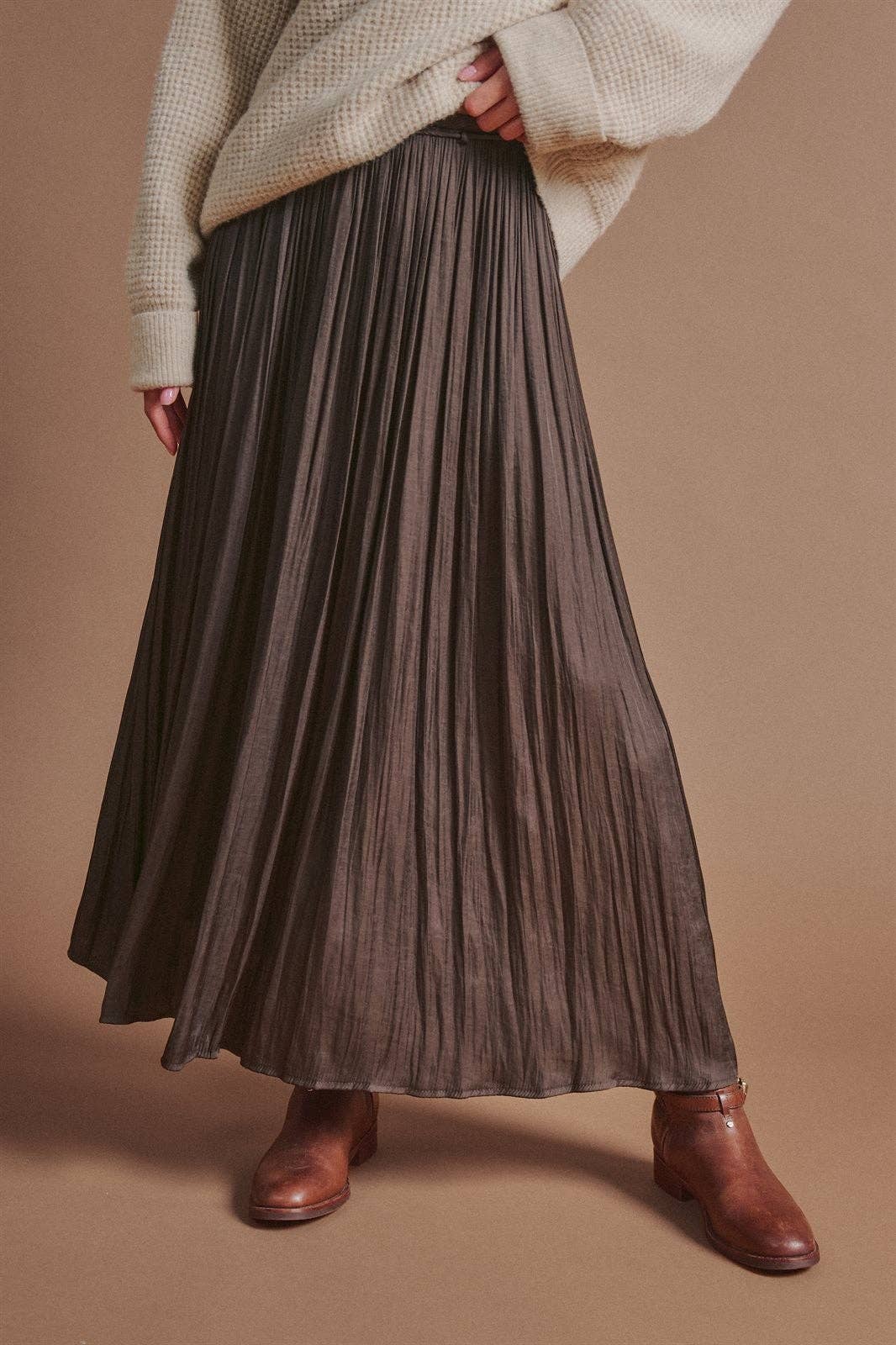 Washed Satin Crinkle Pleated Maxi Skirt