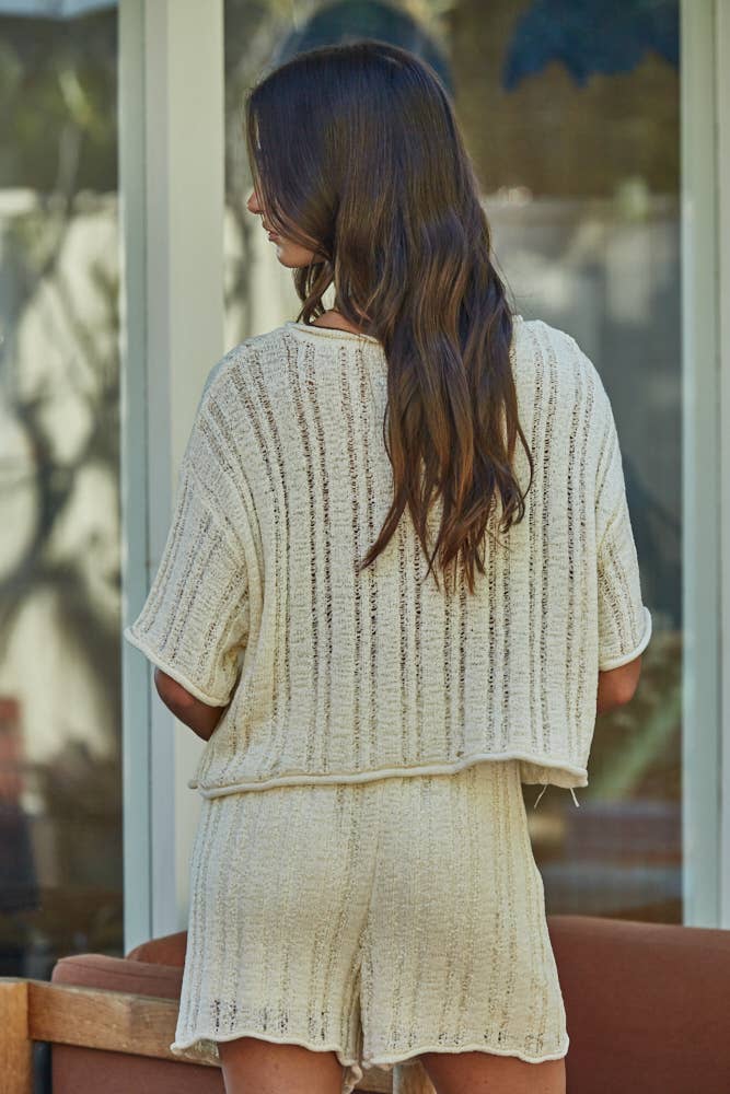 Knit  Acrylic Crew Short Sleeve Sweater