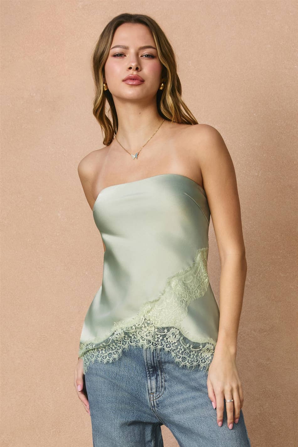Satin Asymmetrical Lace Hem Sleeveless Top