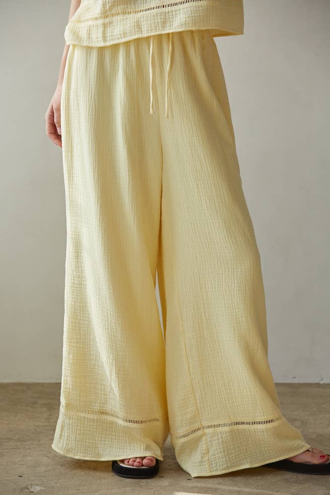 L9511B | Woven Cotton Waist Tie Strap Wide Leg Pants