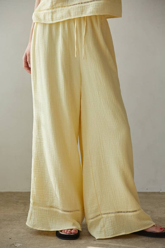 L9511B | Woven Cotton Waist Tie Strap Wide Leg Pants