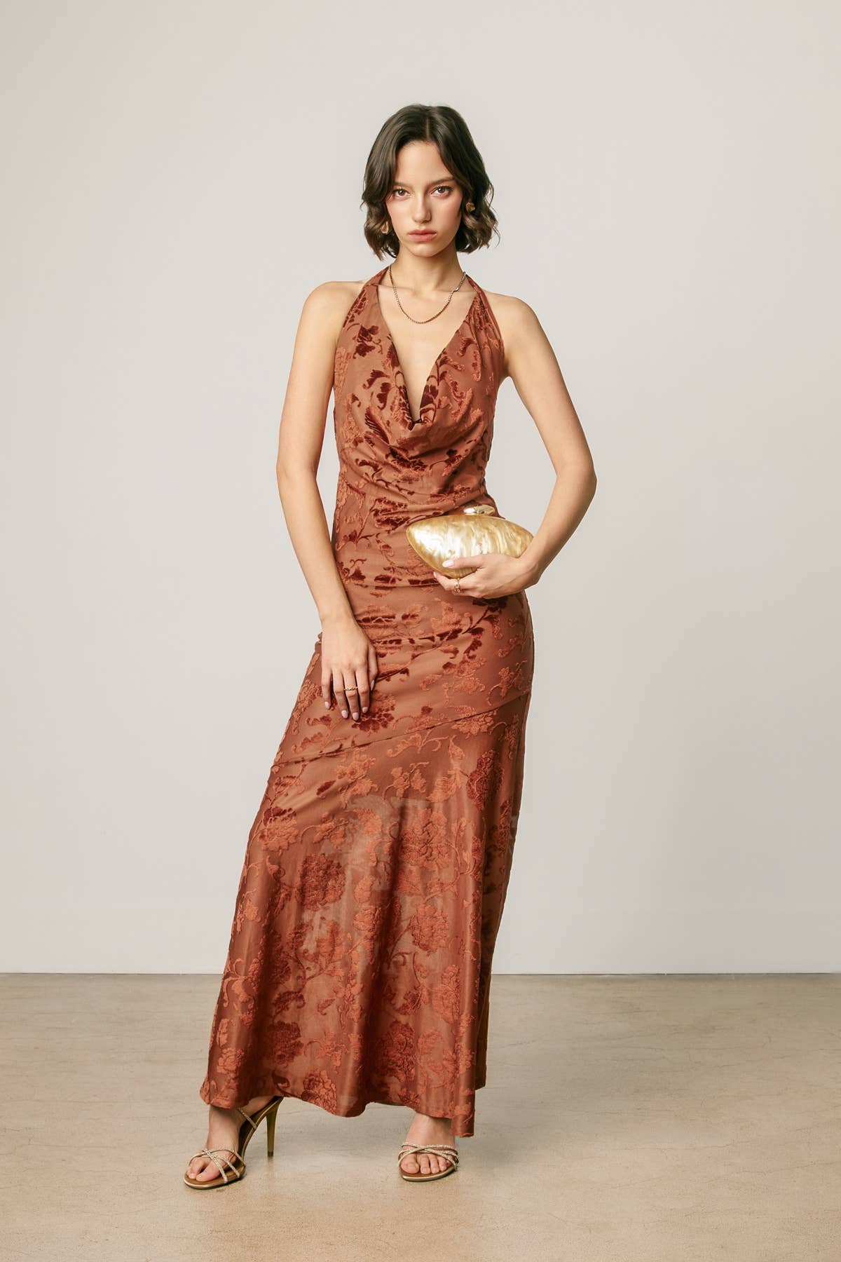 Floral Velvet Burnout Halter Cowl Neck Maxi Dress