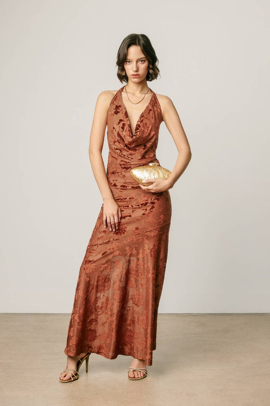 Floral Velvet Burnout Halter Cowl Neck Maxi Dress