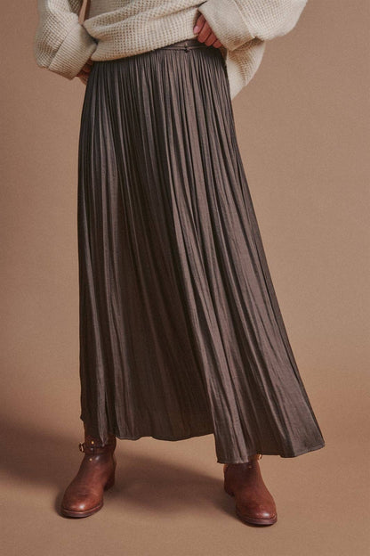Washed Satin Crinkle Pleated Maxi Skirt