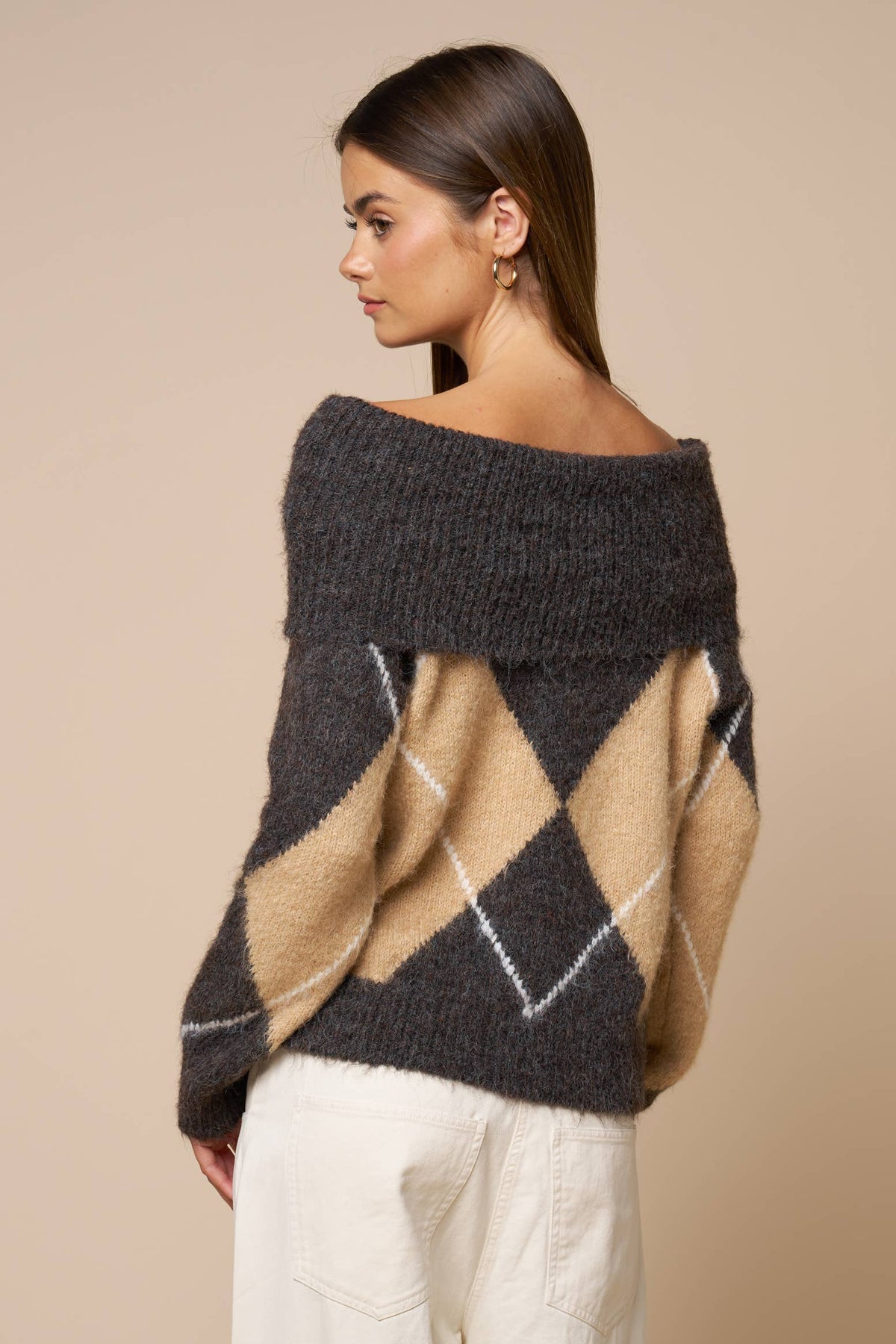 Off Shoulder Argyle Knit Sweater