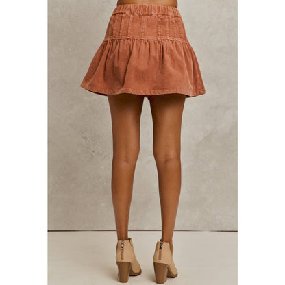 MINERAL WASH PINTUCKED CORDUROY MINI FLARED SKIRT