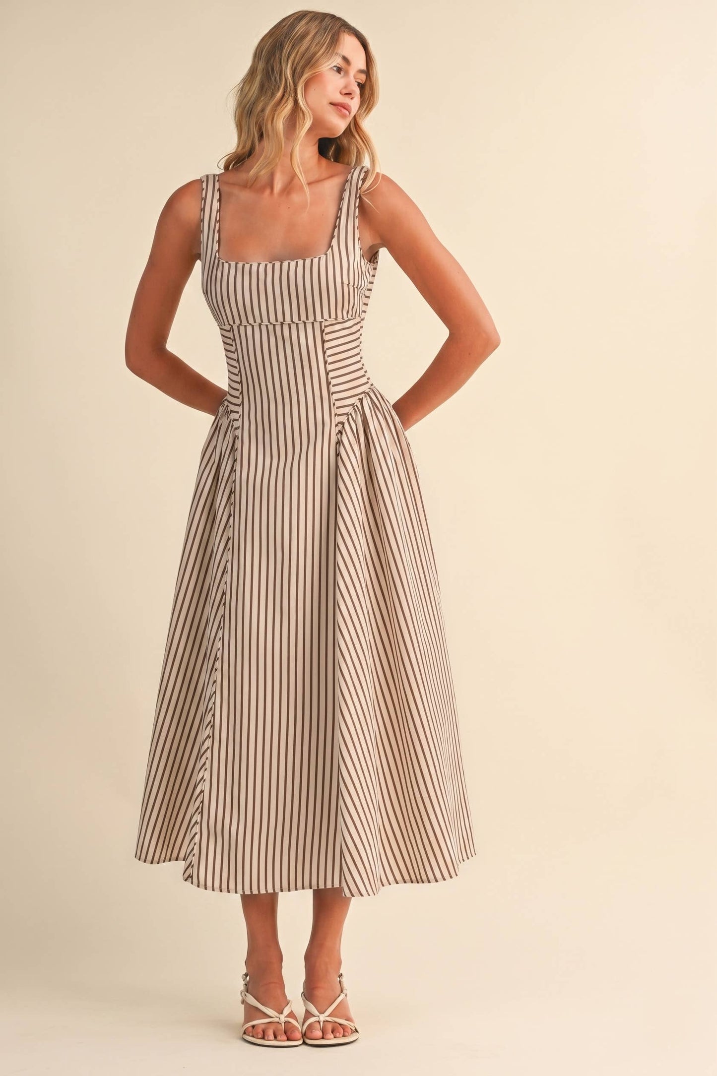 STRIPED BACK BUCKLE PIPING DETAIL MIDI DRESS