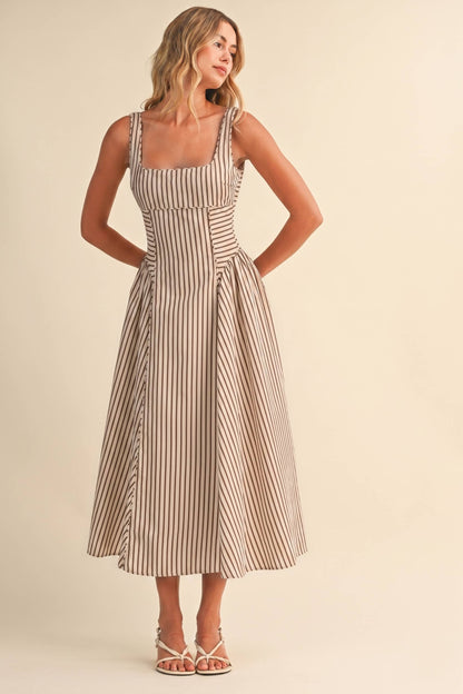 STRIPED BACK BUCKLE PIPING DETAIL MIDI DRESS