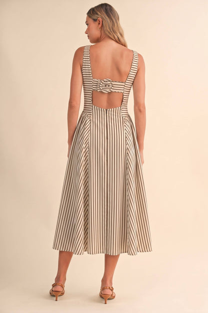 STRIPED BACK BUCKLE PIPING DETAIL MIDI DRESS
