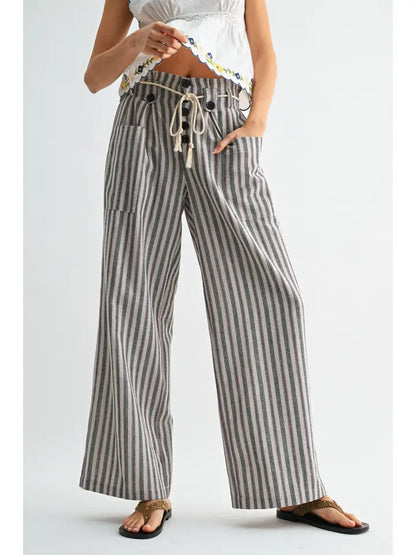 Striped Linen-Blend Drawstring Pant