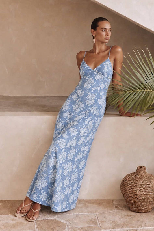 CHAMBRAY CROSS BACK SLIP DRESS