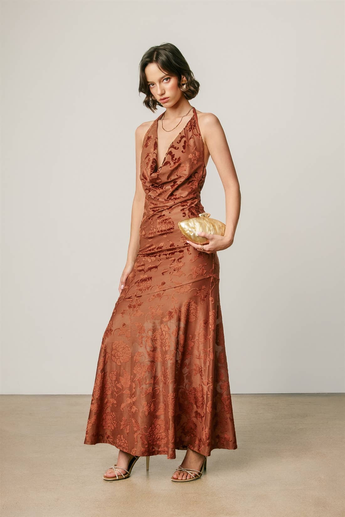 Floral Velvet Burnout Halter Cowl Neck Maxi Dress