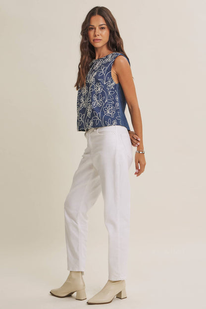 COASTAL DAY CHAMBRAY EMBROIDERED BLOUSE WITH BACK BOW
