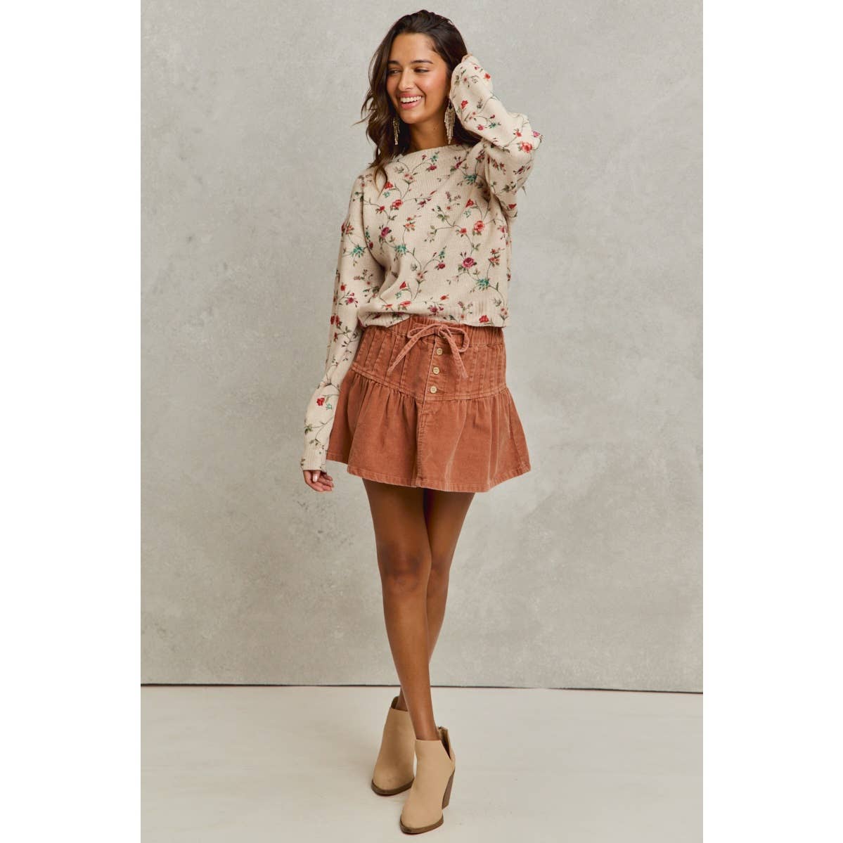 MINERAL WASH PINTUCKED CORDUROY MINI FLARED SKIRT