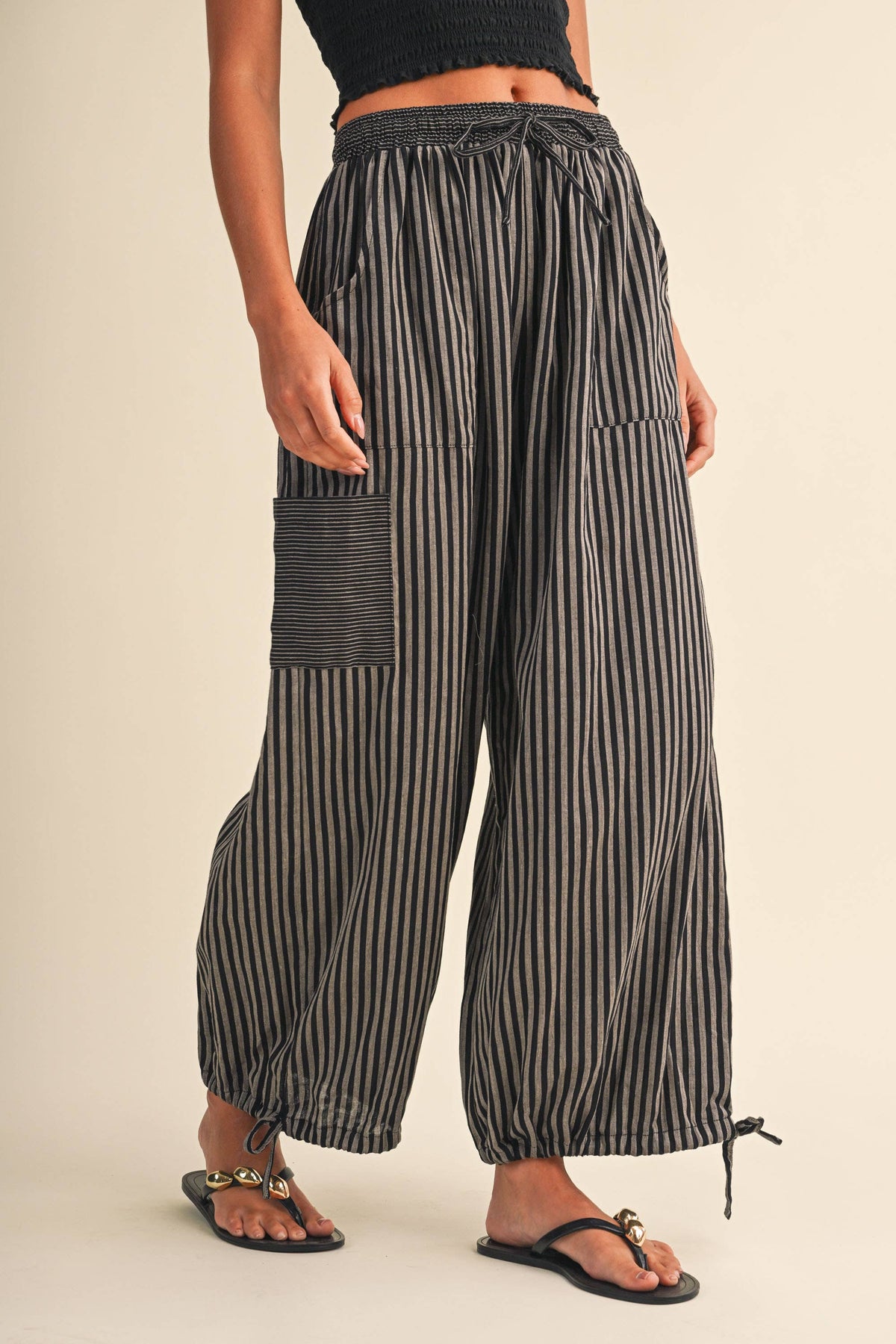STRIPED DOUBLE GAUZE CONTRAST POCKET BALLOON PANTS