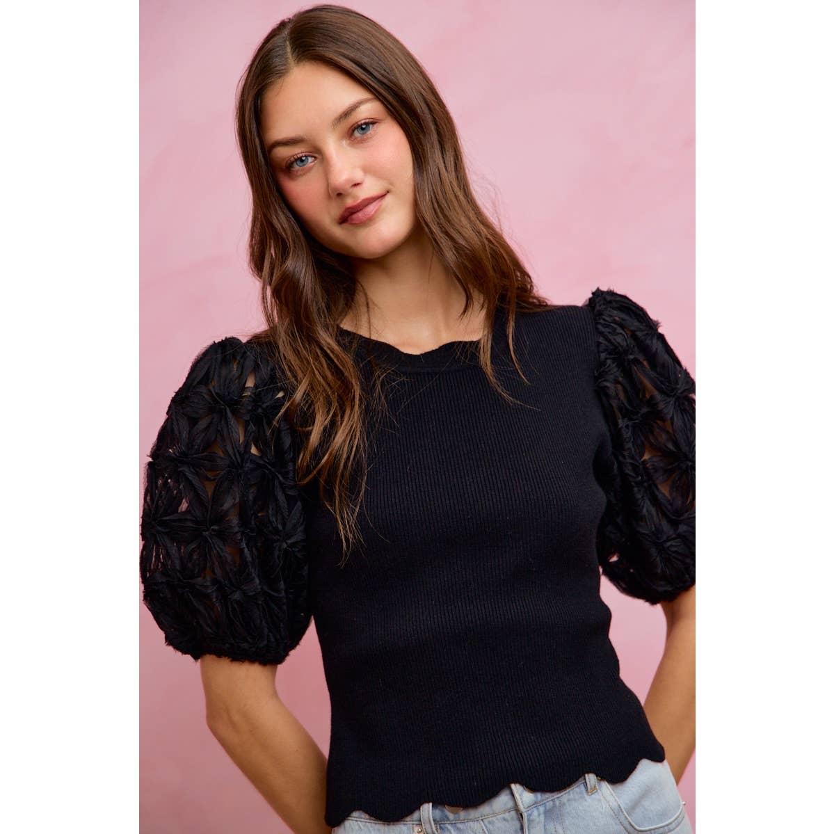 3D FLORAL CONTRAST SLEEVE SCALLOP SWEATER KNIT TOP