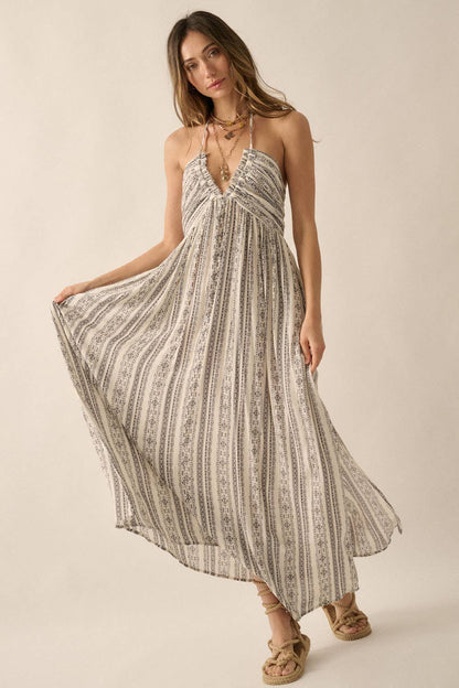 Aztec-Stripe Plunging Halter Maxi Dress