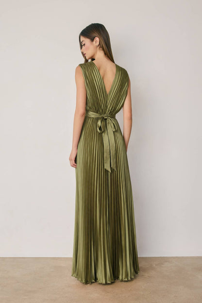 Pleated Satin V Neck Maxi Dress