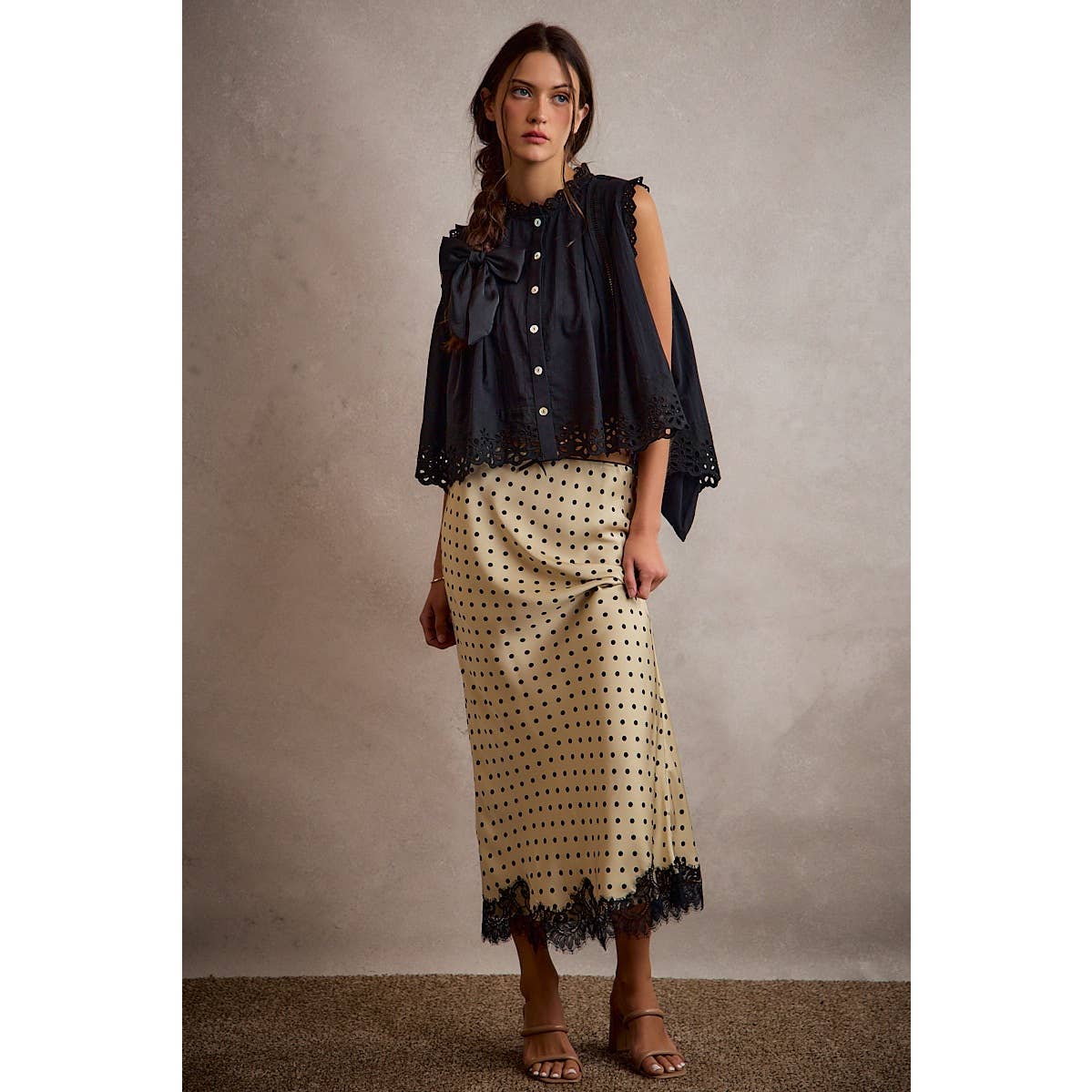 POLKA DOT SATIN LACE TRIM MAXI SKIRT