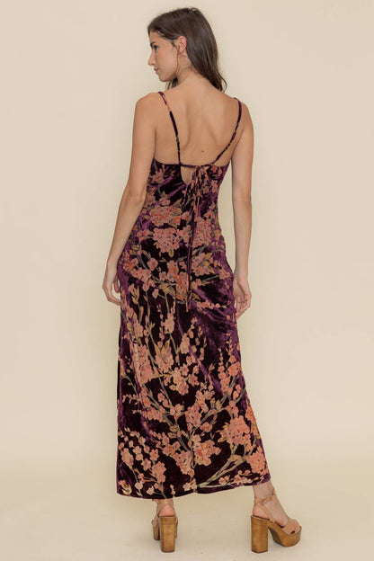 COWL NECKLINE VELVET FLORAL MAXI DRESS