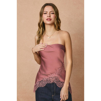Satin Asymmetrical Lace Hem Sleeveless Top